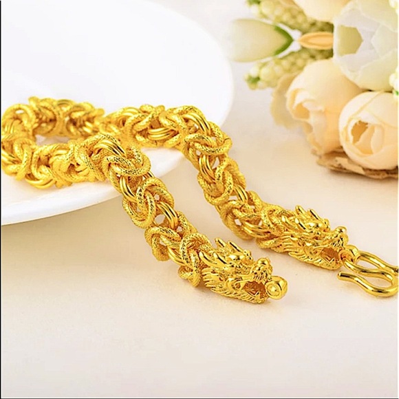 Dragon Viking Gold Plated Bracelet Double Headed 24K Chain Byzantine - Picture 4 of 14